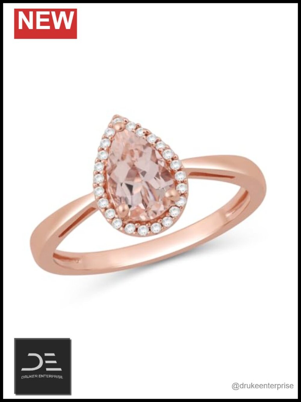 10K Rose Gold Morganite Diamond Pear Halo Ring Size 7